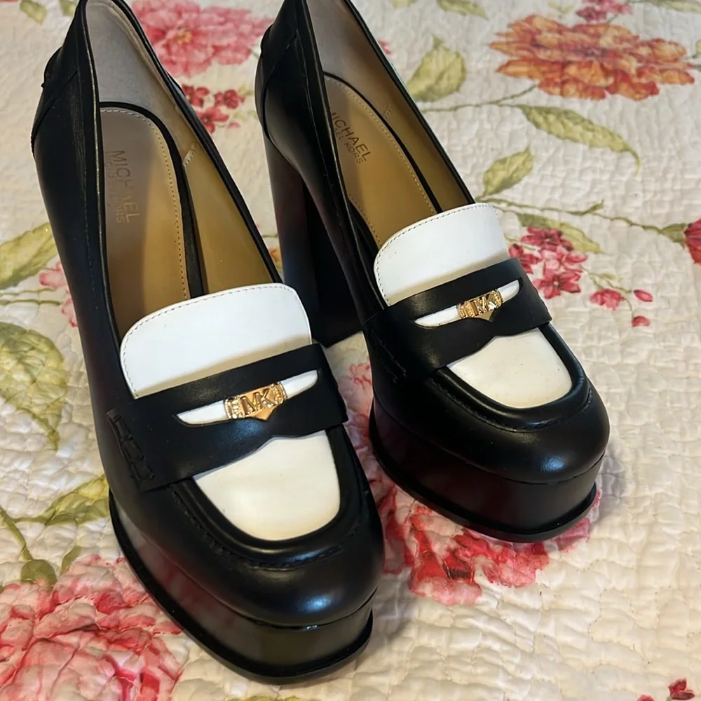 Michael Kors Black and White Platform Loafer Heels Shoes